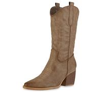 VAN HILL Damen Stiefel Cowboystiefel Stickereien Schuhe Spitze Western Boots Holzoptikabsatz Freizeitstiefel 203597 Khaki 38