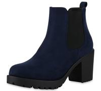 VAN HILL Damen Stiefeletten Chelsea Boots Profilsohle 70's Schuhe 611523 Marine Blau 38