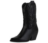 VAN HILL Damen Stiefeletten Cowboy Boots Schuhe Holzoptikabsatz Freizeit Stiefel Spitze Stickereien Western Booties 211807 Schwarz 37