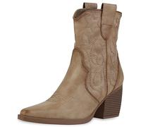 VAN HILL Damen Stiefeletten Cowboy Boots Trichterabsatz Schuhe Stickereien Western Booties Holzoptikabsatz Schuhe 201419 Khaki 36