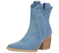 VAN HILL Damen Stiefeletten Cowboy Boots Trichterabsatz Schuhe Stickereien Western Booties Holzoptikabsatz Schuhe 201422 Hellblau Velours 37