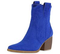 VAN HILL Damen Stiefeletten Cowboy Boots Trichterabsatz Schuhe Stickereien Western Booties Holzoptikabsatz Schuhe 212248 Blau Velours 37