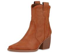 VAN HILL Damen Stiefeletten Cowboy Boots Trichterabsatz Schuhe Stickereien Western Booties Holzoptikabsatz Schuhe 201418 Hellbraun 36