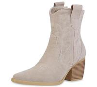 VAN HILL Damen Stiefeletten Cowboy Boots Trichterabsatz Schuhe Stickereien Western Booties Holzoptikabsatz Schuhe 201421 Beige Trendy 38