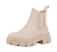 VAN HILL Damen Stiefeletten Plateau Boots Blockabsatz Profilsohle Schuhe Freizeit Booties Plateauschuhe 199468 Beige 39