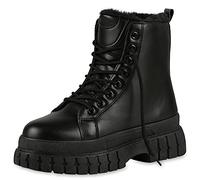 VAN HILL Damen Warm Gefütterte Plateau Boots Chunky Stiefeletten Blockabsatz Schuhe Profilsohle Schnürer Kunstfell Booties 201797 Schwarz 38