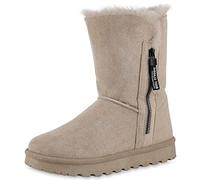 VAN HILL Damen Warm Gefütterte Winter Boots Stiefeletten Flache Zipper Schuhe Bequeme Profilsohle Booties Kunstfell Winterschuhe 209057 Beige 40