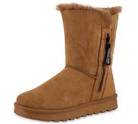 VAN HILL Damen Warm Gefütterte Winter Boots Stiefeletten Flache Zipper Schuhe Bequeme Profilsohle Booties Kunstfell Winterschuhe 209055 Hellbraun 40