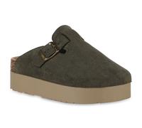 Van Hill VAN HILL Damen Pantoffeln Hausschuhe Plateau Profil-Sohle Schnallen Schuhe 841256 olive/grün 40