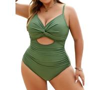 Vancavoo Badeanzug Damen Bauchweg Große Größen Push Up Bademode Einteiliger Badeanzüge mit Bügel Sexy V Ausschnitt One Piece Swimsuits Swimwear,Armeegrün,XL