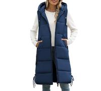 Vancavoo Lange Weste Damen Ärmellose Steppweste Winterweste mit Kapuze | Warm Longweste mit Reißverschluss, Reißverschlusstaschen und Dekorativen Seitlichen Kordelzügen