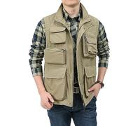 Vanchenl Herren Casual Leichtgewicht Utility Weste Outdoor Angeln Safari Gilet Cargo Schießen Reise Weste mit Taschen Khaki L