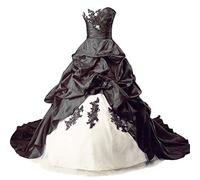 Vantexi Damen Lange Formales Gotisch Brautkleider Spitzenkleid Vintage Hochzeitskleider Elfenbein & Schwarz Größe 38