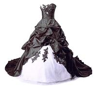 Vantexi Damen Lange Formales Gotisch Brautkleider Spitzenkleid Vintage Hochzeitskleider Weiß & Schwarz Größe 38