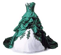 Vantexi Damen Lange Formales Gotisch Brautkleider Spitzenkleid Vintage Hochzeitskleider Weiß & Smaragd Größe 38