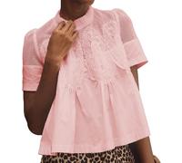 VAOYIU Damen-Bluse mit Spitzendetails, ausgestellt, kurzärmelig, Rundhalsausschnitt, Spitze, Popeline, Netz, Swing-Top, elegant, locker, aufwendiges Rückendesign, Pink, Groß