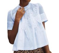 VAOYIU Damen-Bluse mit Spitzendetails, ausgestellt, kurzärmelig, Rundhalsausschnitt, Spitze, Popeline, Netz, Swing-Top, elegant, locker, aufwendiges Rückendesign, Hellblau, Groß