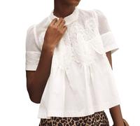 VAOYIU Damen-Bluse mit Spitzendetails, ausgestellt, kurzärmelig, Rundhalsausschnitt, Spitze, Popeline, Netz, Swing-Top, elegant, locker, mit Spitzen-Rückendesign, Weiss/opulenter Garten, X-Klein