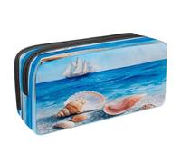 VAPOKF Federmäppchen, Federmäppchen, Schüler-Schreibwaren-Tasche für Teenager, Jungen, Mädchen, Schule, Bürobedarf - Muscheln am Strand, Sand, Segelboot