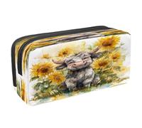 VAPOKF Federmäppchen, Federmäppchen, Schüler-Schreibwaren-Tasche für Teenager, Jungen, Mädchen, Schule, Bürobedarf - niedliche Kuh im Sonnenblumenfeld