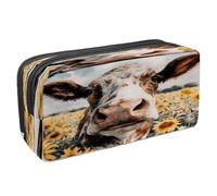 VAPOKF Federmäppchen, Federmäppchen, Schüler-Schreibwaren-Tasche für Teenager, Jungen, Mädchen, Schule, Bürobedarf - Kuh auf Sonnenblumenfeld