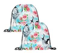 VAPOKF Turnbeutel mit Kordelzug, Turnbeutel aus Polyethylen, personalisierbar, für Schule, Fitnessstudio, Sport, Reisen, Kranich und rote Blumen, 2 Stück, multi, 13.4x13.0in/34x33cm