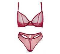 varsmiss Damen BH Set BH Und String Transparent Netz Bügel BH Unterwäsche Lingerie Tanga Dessous Sets (Weinrot,85B)