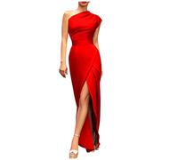 Vasreyy 20er Jahre Kleid Gürtel Goldenes One Schulter Seitenschlitz Einfarbig Hohe Taille Maxikleid Bodycon Abendkleid Lang Tunika Ballkleid Boho (Rot, L)