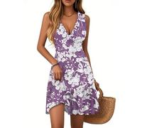 Vasreyy A Linien Kleid Damen SommerElegantes Sommerkleid Strandkleid Freizeitkleid V-Ausschnitt Blumenmuster Rüschen Ärmellos Minikleid Sommer Boho Falten Saum Kurze Tank(Lila,XL)
