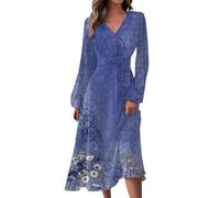Vasreyy Abendkleider Damen Kleider langes Sommerkleid Vintage Blumendruck V-Ausschnitt Lang Ärmel blusen Kleid 2er Jahre kostüm(Blue, XL)