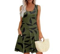 Vasreyy Blusenkleid Damen SommerMusselin Kleid Elegant Rundhals Blumen Drucken Ärmelloses Minikleid Mit Tasche Boho Locker Tankkleid Lässige Hohe Taille Strandkleid Blumenkleid（Dunkelgrün,XXL