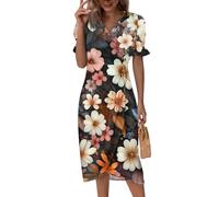 Vasreyy Casual DressKleid Damen Sommer Sukienka Damska Elegant Blumendruck V-Ausschnitt Rüschen Halbarm Midikleid Mit Knopf Vintage A-Linien Hemdkleid Tshirt Blumenkleid（Zinnober,XXL