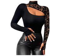 Vasreyy Chiffon Bluse Damen Schwarzes Oberteil Damen Oversized Tshirt Damen Frauen Sexy Spitze Netz Tiefer V-Ausschnitt Langarmshirt Slim Schwarz Langarm Blusen Eng Basic Oberteil Tshirt Damen Weiss