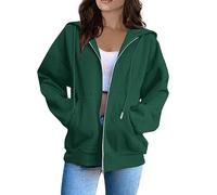 Vasreyy College Jacke Lederjacke Echtleder Bolero Damen Frauen Einfarbig Kapuzenjacke Mit Reißverschluss Oversize Kapuzenpullover Herbst Winter Sweatjacke Trenchcoat Lang(Dark Green, M)