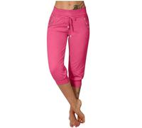 Vasreyy Culotte Damen 7/8 Sport Shorts Elegant Einfarbig 3/4 Caprihose Mit Taschen Und Kordelzug Elastische Hohe Taille Sommerhose Jogginghose Casual Leichte Stoffhose(Knalliges Pink,XL)