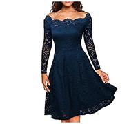 Vasreyy Damen Faltenrock Winterkleid Damen Langarm Warm Kleid Weiß Lang Elegant Spitze Langarm Einfarbig A-Linie Kleider Hohe Taille Swing Spitzenkleid Knielang Abendkleid Swing Kleid (Marine,M)