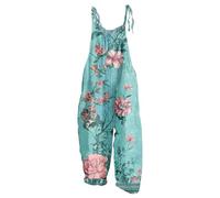 Vasreyy Damen Jumpsuit Festlich Elegant Langarm Sommer Romper Leinen Sommerlicher Hosenanzug Blumenmuster Ärmellos Elastische Falten Lang Casual Lose Weites Bein Playsuit Mit Große Taschen Overall