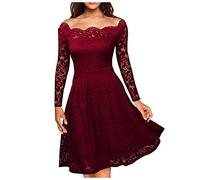Vasreyy Damen Kleid Sexy Tunika Langarm Leopardenmuster Elegant Spitze Einfarbig A-Linie Kleider Hohe Taille Swing Spitzenkleid Knielang Abendkleid Party Cocktailkleid