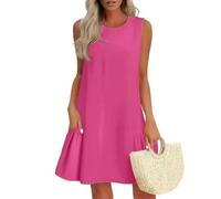 Vasreyy Damen Kleider SommerSommer Kleid Hochzeitsgast Elegant Rüschen Einfarbig Ärmellos Rundhals Cut-Outs Knopfleiste Hinten Kurz Minikleid Mit Taschen Festlich（Knalliges Pink,L