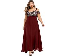 Vasreyy Damen Kleider Winter Weihnachts Kleid 2er Jahre Chiffon Spitze Kalte Schulter Hohe Taille Ballkleider Lang Kurzarm A-Linie Abendkleid Übergröße Blau(Wein,4XL)