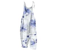Vasreyy Damen Latzhose Fleece Sommer Jumpsuit Große Größen Einteiler Lang Elegant Blumenmuster Ärmellos Elastische Falten Casual Lose Weites Bein Playsuit Mit Taschen Overall