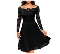 Vasreyy Damen Maxi Kleider Rotes Kleid Kleid Rot Damen Elegant Spitze Langarm Einfarbig A-Linie Kleider Hohe Taille Swing Spitzenkleid Knielang Abendkleid Tunika Damen (Schwarz,XL)