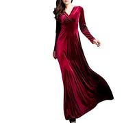 Vasreyy Damen Netz Ärmel Kleider Leoparden Kleid Damen Coctailkleid/festliches Kleid Einfarbig V-Ausschnitt Knöchel Samtkleid Hohe Taille Abendkleid Lang Elegant Velvet Maxikleid (Wein,M)