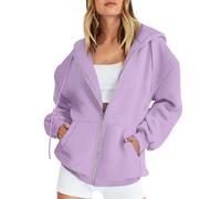 Vasreyy Damen Pullover Elegant Zipper Hoodie Bluse Schwarz Sportjacke Oversized Einfarbige Sweatjacke Mit Kapuze Reißverschluss Beige(Light Purple, 3Xl)