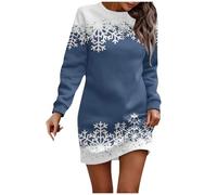 Vasreyy Damen Pullover Herbst Ugly Christmas Sweater Oversize Weihnachten Bedruckt Kleid Langarm Winter Rundhals Hochzeit Gast Weihnachtskostüm(Dark Blue, L)