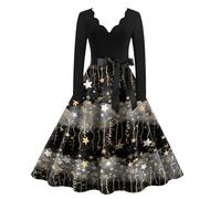 Vasreyy Damen Weihnachtskleid Frauen Langarm Elegant Vintage 50er Weihnachten Drucken V-Ausschnitt A-Linie Rockabilly Kleid mit Bow Gürtel Swingkleid Abendkleid Hepburn Cocktailkleider Partykleid