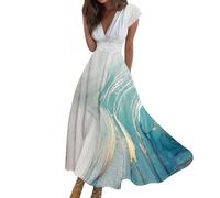 Vasreyy Dresses for WomenSommerrock Damen Kurz Sexy Kleid Erotisch Bunte Marmor Bedrucktes V-Ausschnitt Kurzarm Maxi Kleider Festlich Elegant Boho Weiß（3XL,Turquoise