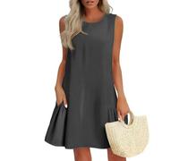 Vasreyy Dresses for WomenStrandkleid Sexy Kleid Elegant Rüschen Einfarbig Ärmellos Rundhals Cut-Outs Knopfleiste Hinten Kurz Minikleid Mit Taschen Tshirt(Grau,XXL)