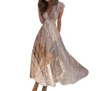 Vasreyy Einschulung MädchenSommerkleider Damen Kurz Jerseykleid Bunte Marmor Bedrucktes V-Ausschnitt Kurzarm Maxi Kleider Overall Sommer Lang Abendkleid Mit Ärmel（XXL,Orange