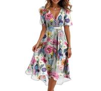 Vasreyy Festliche Kleider Für DamenFloral Dress Kleid Knielang Damen Elegant Chiffon V-Ausschnitt Drucken Kurzarm Midikleid Mit Gürtel Hohe Taille A-Linien Sommerkleid Cocktailkleid（Rosa,M